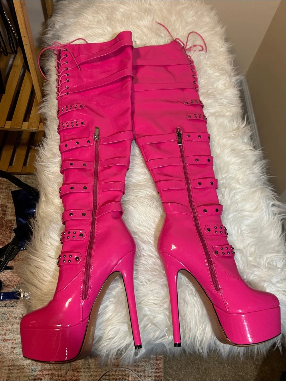 Hot Pink Over-the-Knee Platform Stiletto Boots with Buckle Straps
